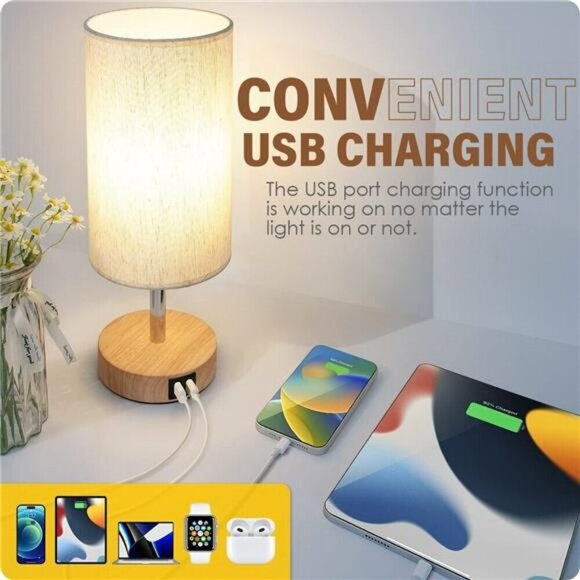Decor Bedside Table Lamp with USB Port Touch Control for Bedroom Wood Nightstand - Picture 3 of 6